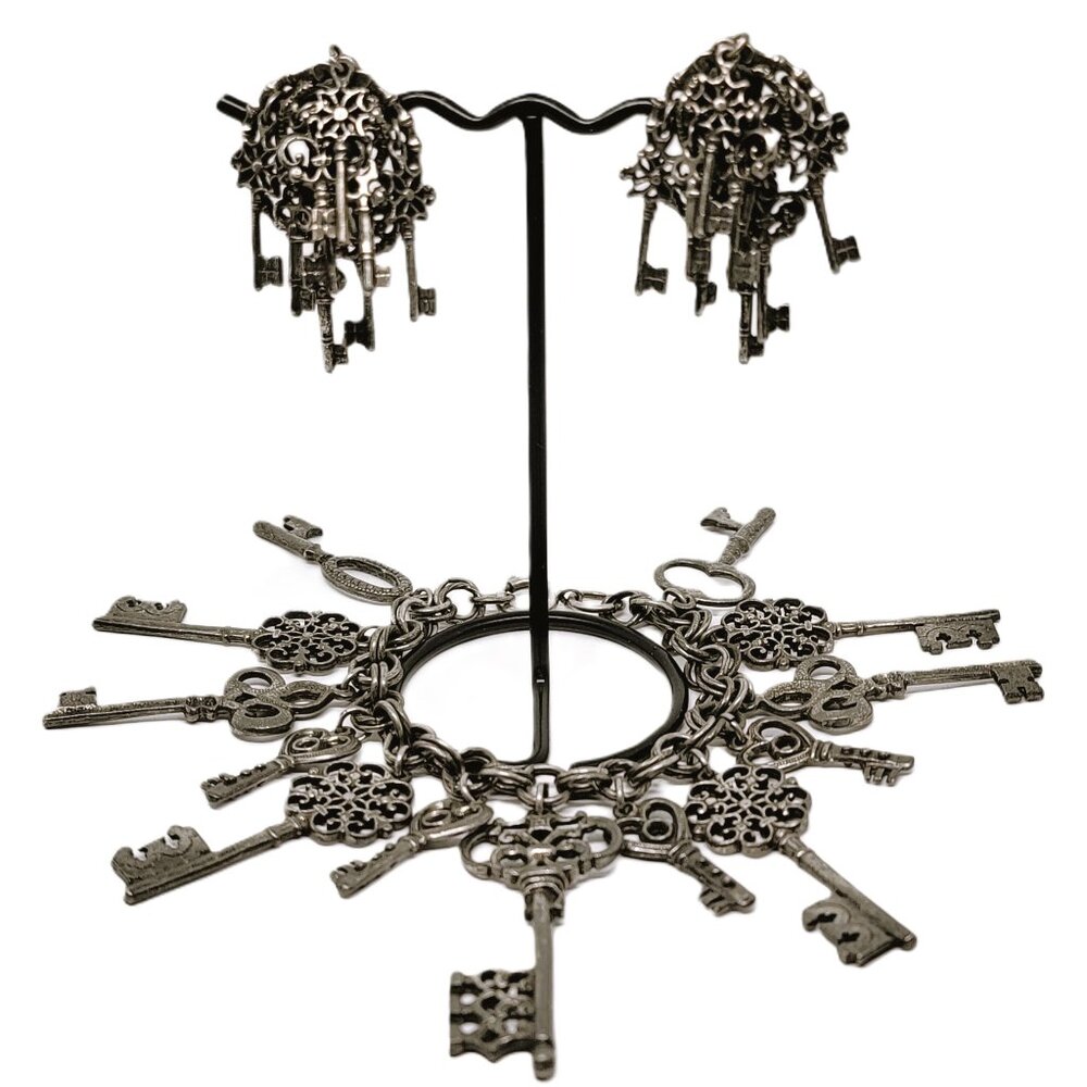 Verified D&E Juliana Vintage Silver Skeleton Key Charm Bracelet & Clip Earrings